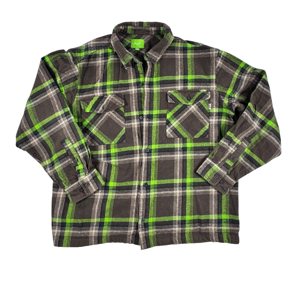 HUF Plaid Flannel Shirt / Jacket Men's XL Long Sleeve Green Black Button Up - Picture 2 of 7